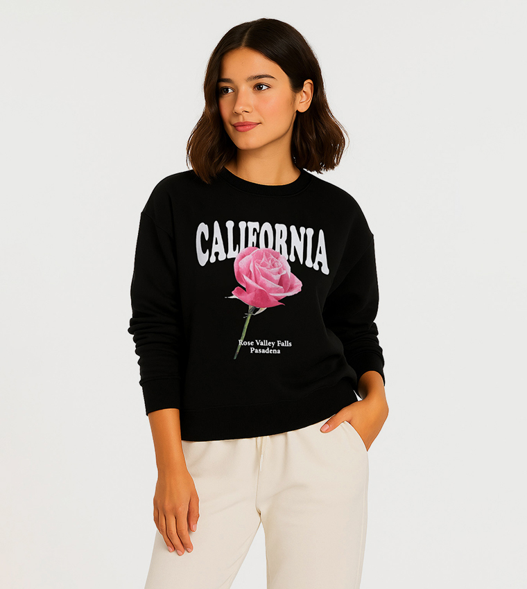 سويتشيرت قطن فليس بطبعة ورقبة مستديرة 