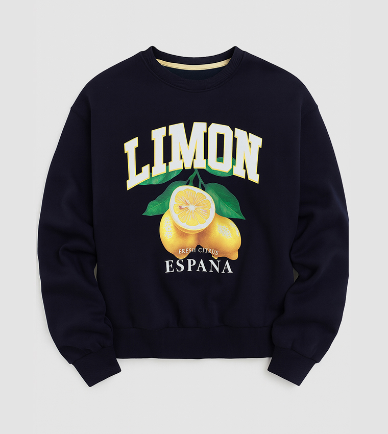 سويتشيرت قطن فليس بطبعة ورقبة مستديرة 