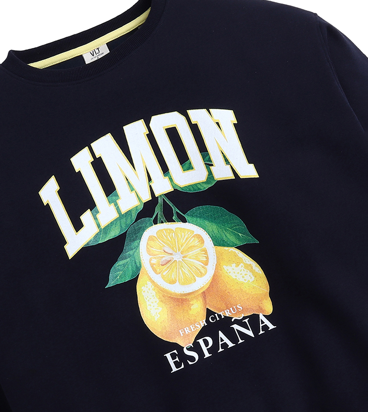 سويتشيرت قطن فليس بطبعة ورقبة مستديرة 