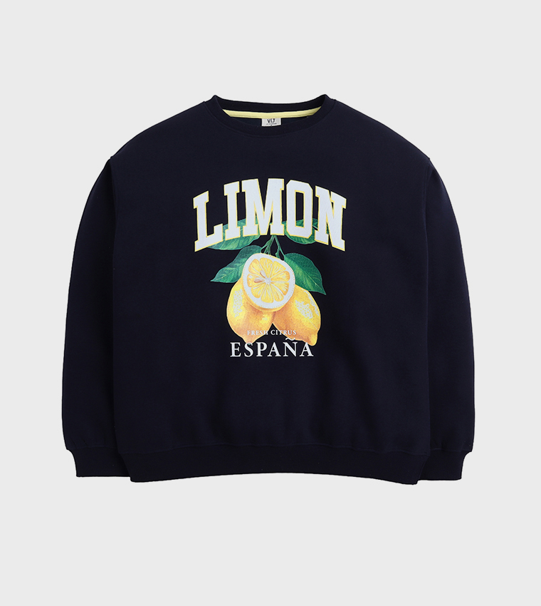 سويتشيرت قطن فليس بطبعة ورقبة مستديرة 