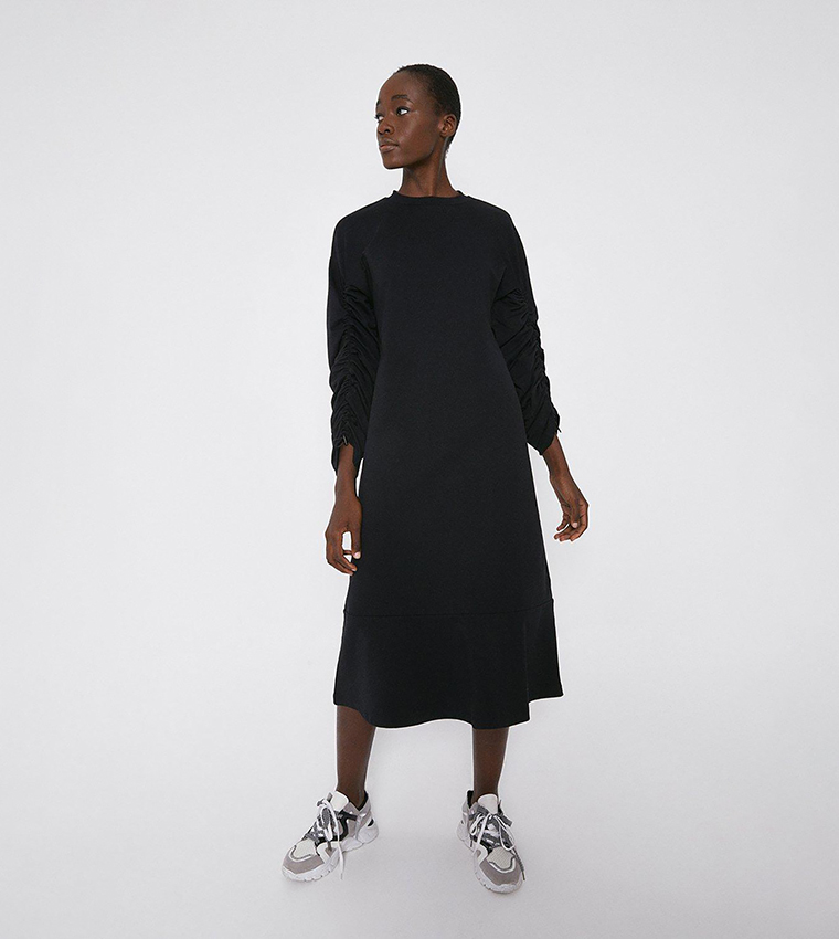 Buy Warehouse Drawstring Sleeves Sweat Midi Dress In Black