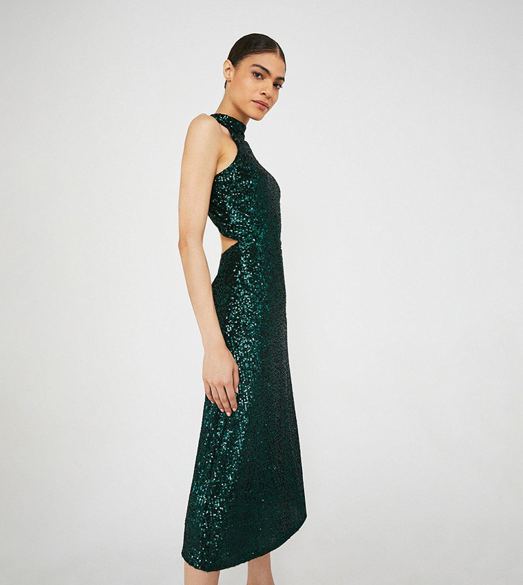 Buy Warehouse Sequin Halter Drape Back Midi Dress In Green | 6thstreet  Bahrain