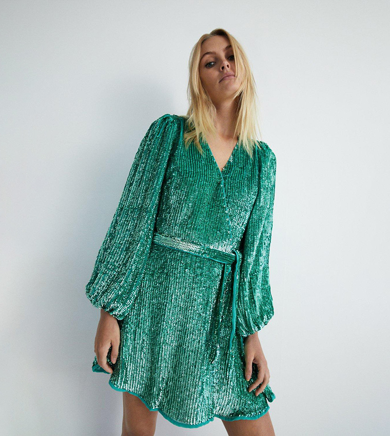 warehouse green sequin dress Warehouse Women's Hand Embellished Sequin Square Neck Strappy Midi Dress in Green