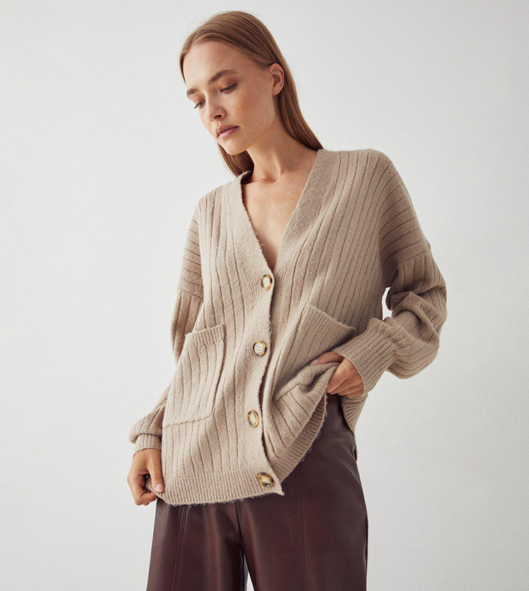 Buy Warehouse Wide Ribbed Pocket Detail Knit Cardigan In Brown 6thStreet Kuwait