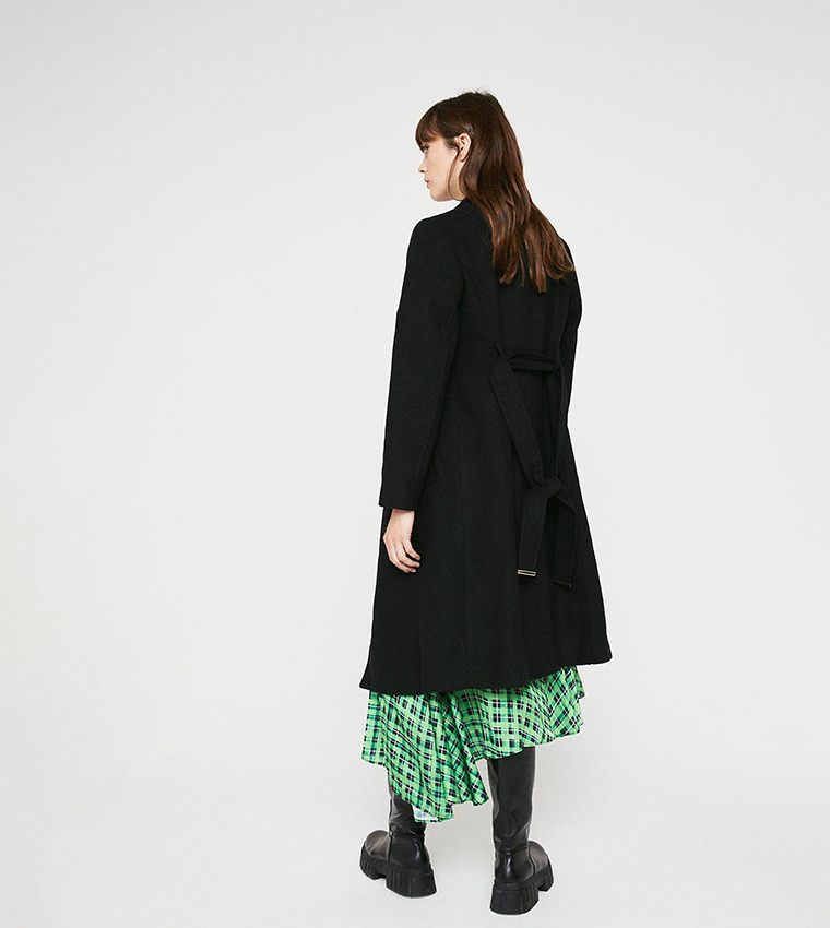 Buy Warehouse Wool Mix Belted Funnel Neck Wrap Coat In Black