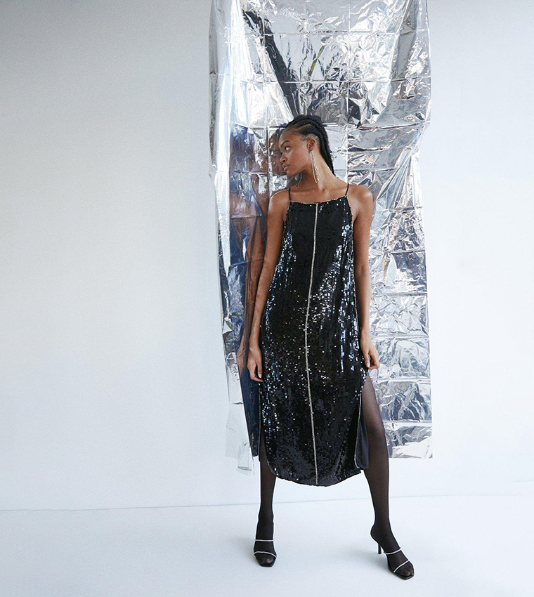 Buy Warehouse Sequin Diamante Strappy Midi Dress In Black