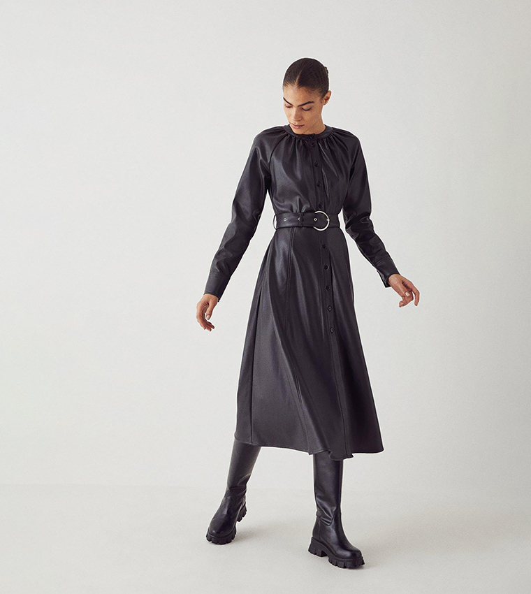 Buy Warehouse Faux Leather Collarless Belted Shirt Dress In Black |  6thStreet UAE