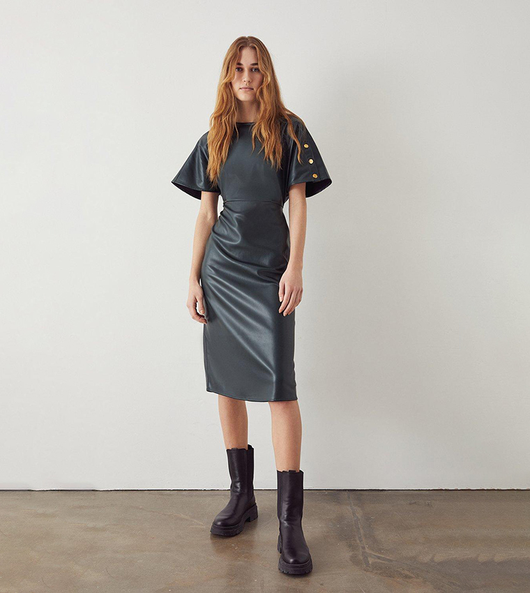 Buy Warehouse Faux Leather Midi Soft Shift Dress In Green | 6thStreet Kuwait