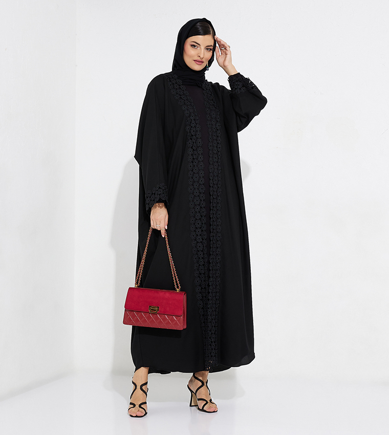 Lace Detailed Long Sleeves Open Abaya