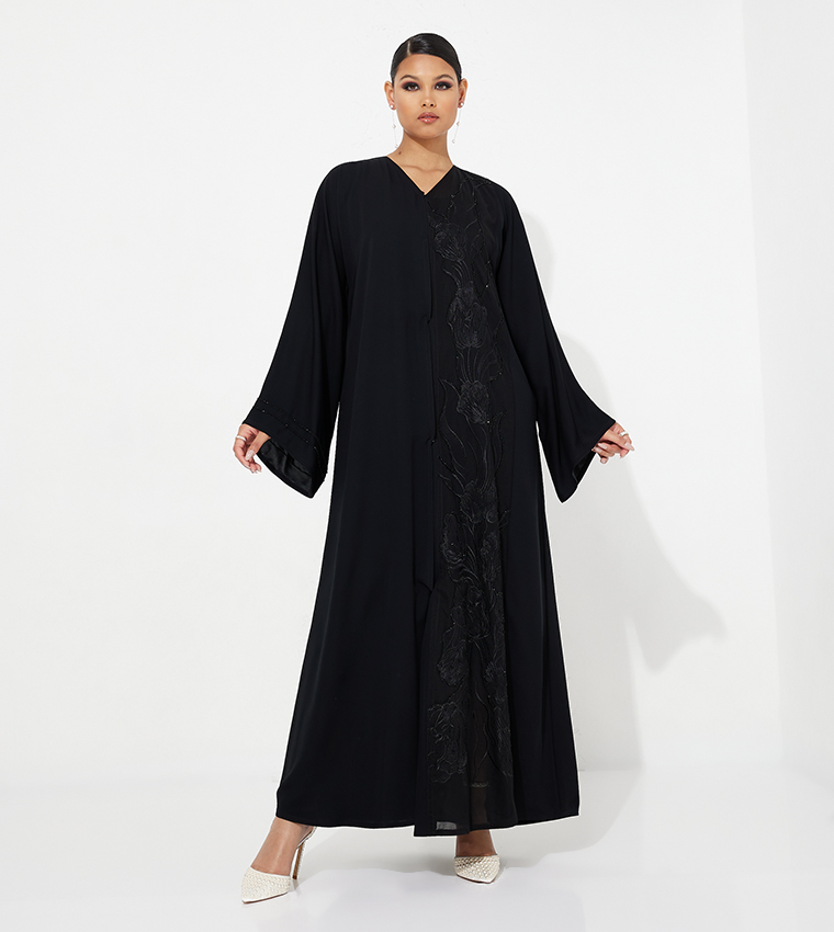 Stone Embellished Wide Sleeves Abaya