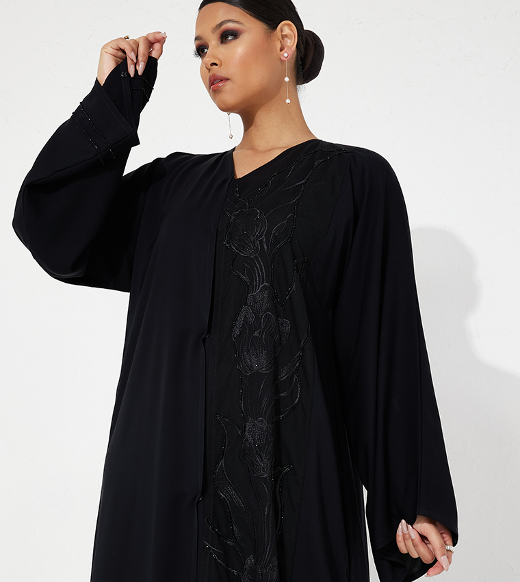 Stone Embellished Wide Sleeves Abaya
