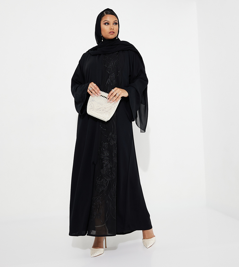 Stone Embellished Wide Sleeves Abaya