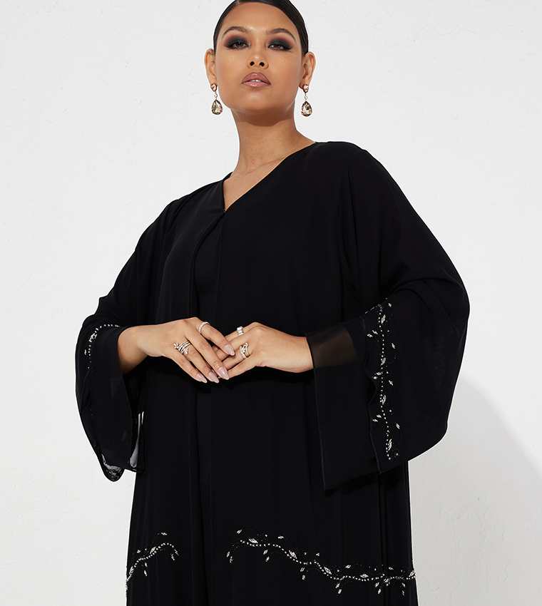 Stone Embellished Wide Sleeves Abaya