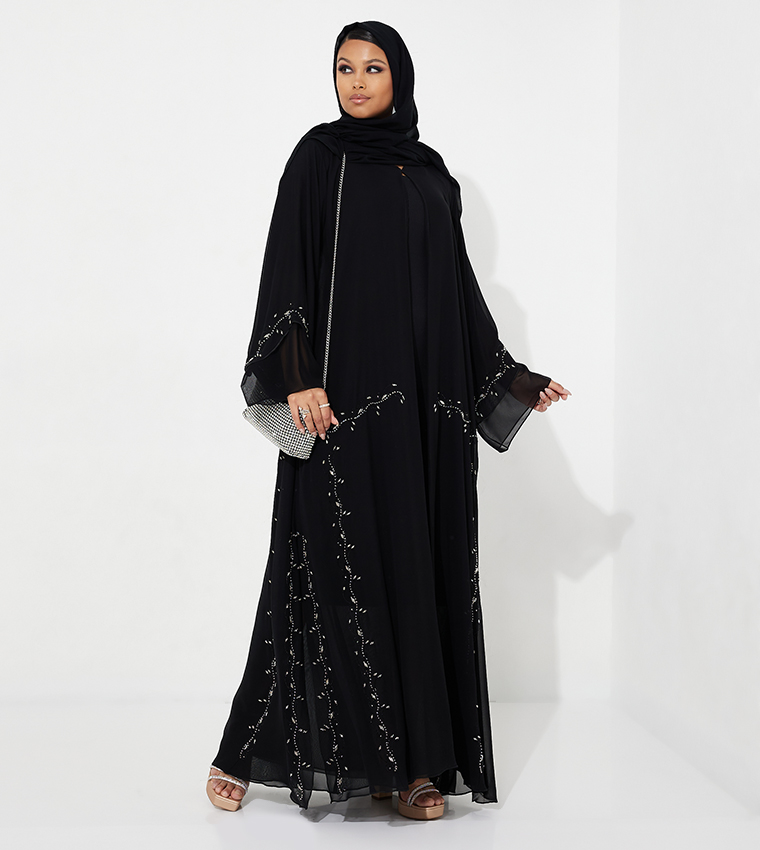 Stone Embellished Wide Sleeves Abaya