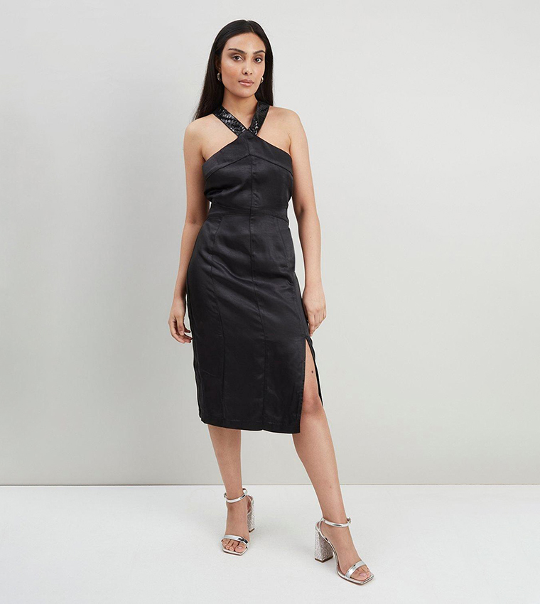 Plunging V-Neckline Split Midi Dress