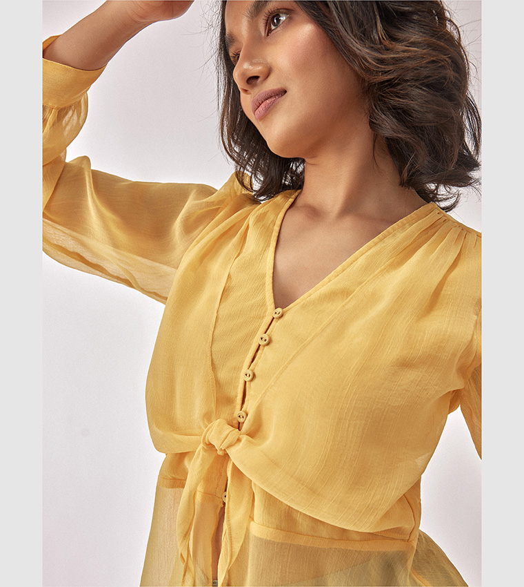 Buy The Label Life Tie Detail Bishop Sleeves Top In Yellow