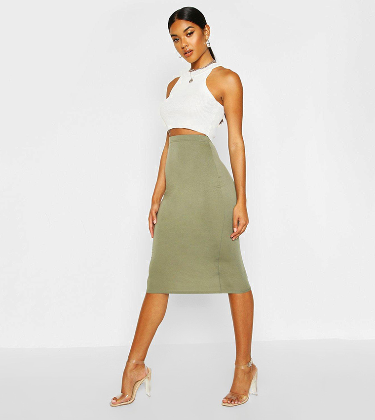 Buy Boohoo Basics High Waist Jersey Midi Skirt In Khaki 6thStreet Bahrain