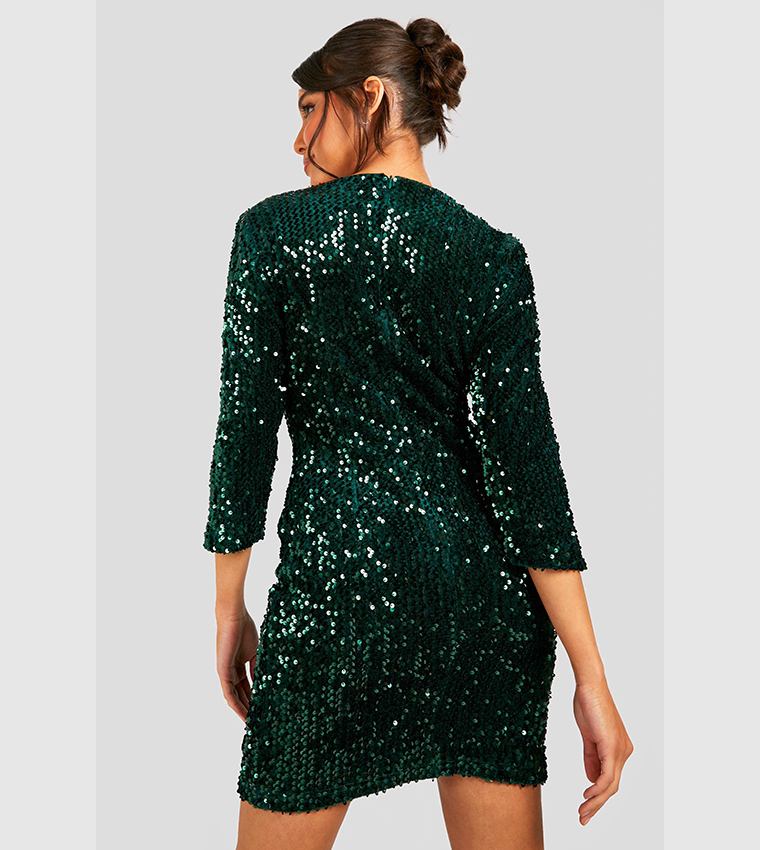 Buy Boohoo Sequin Long Sleeves Bodycon Party Dress In Green 6thStreet UAE