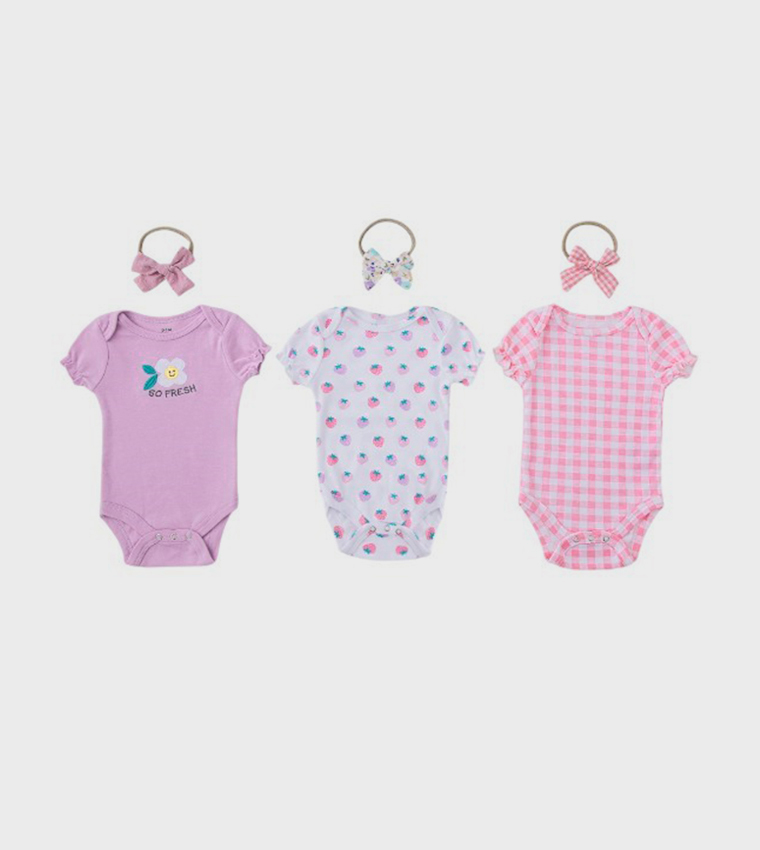 Pack of 3 Printed Bodysuits with Bow Headbands