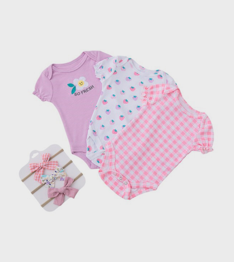 Pack of 3 Printed Bodysuits with Bow Headbands