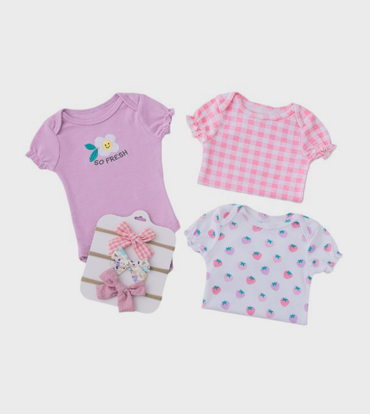 Pack of 3 Printed Bodysuits with Bow Headbands