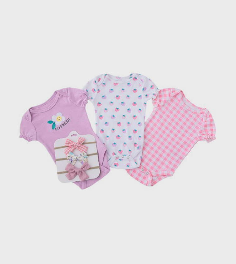 Pack of 3 Printed Bodysuits with Bow Headbands