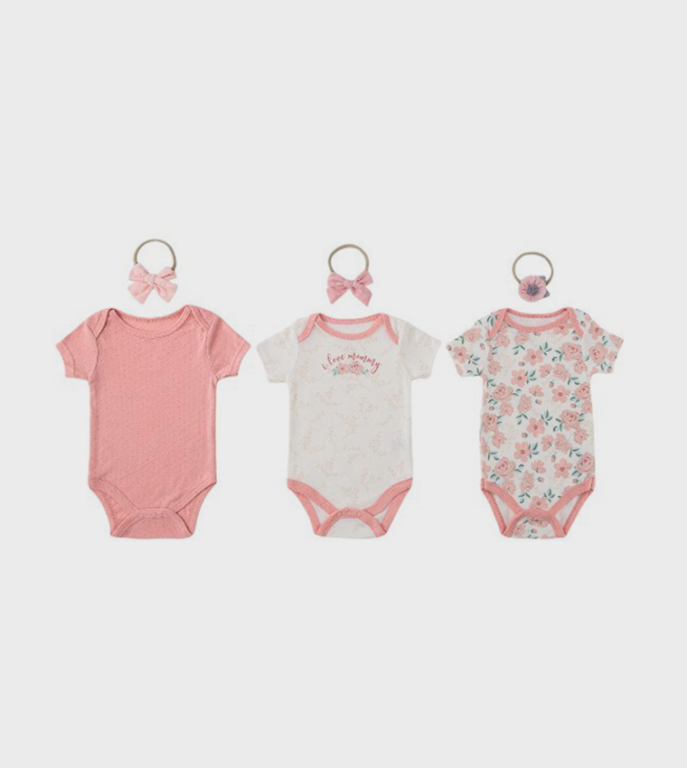 Pack of 3 Printed Bodysuits with Bow Headbands