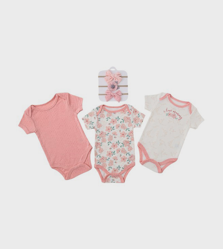 Pack of 3 Printed Bodysuits with Bow Headbands