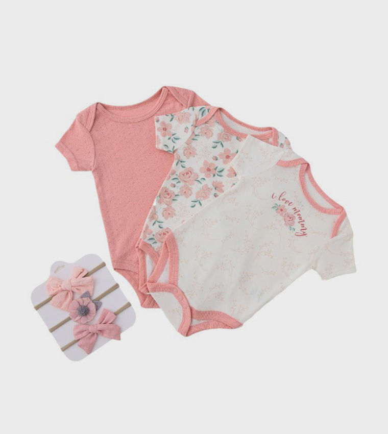 Pack of 3 Printed Bodysuits with Bow Headbands