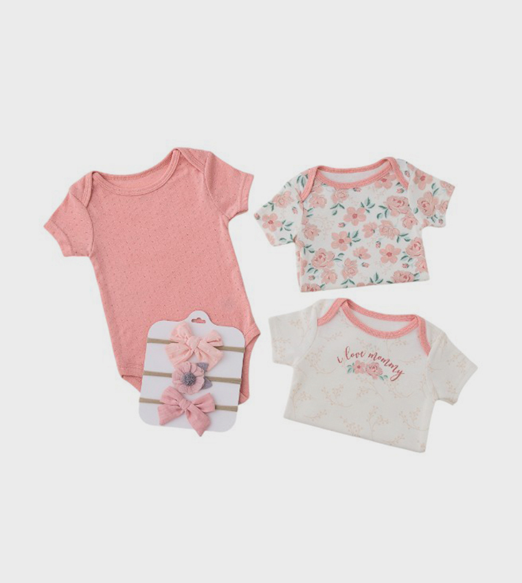 Pack of 3 Printed Bodysuits with Bow Headbands