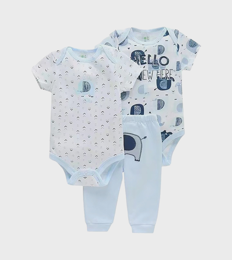 3 Piece Elephant Print Short Sleeves Bodysuits & Pyjama Set