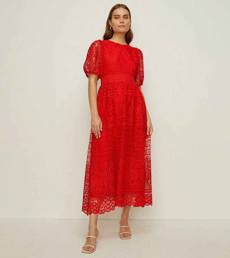 Buy Oasis Premium Lace Puff Sleeves Midi Dress In Red 6thStreet Kuwait