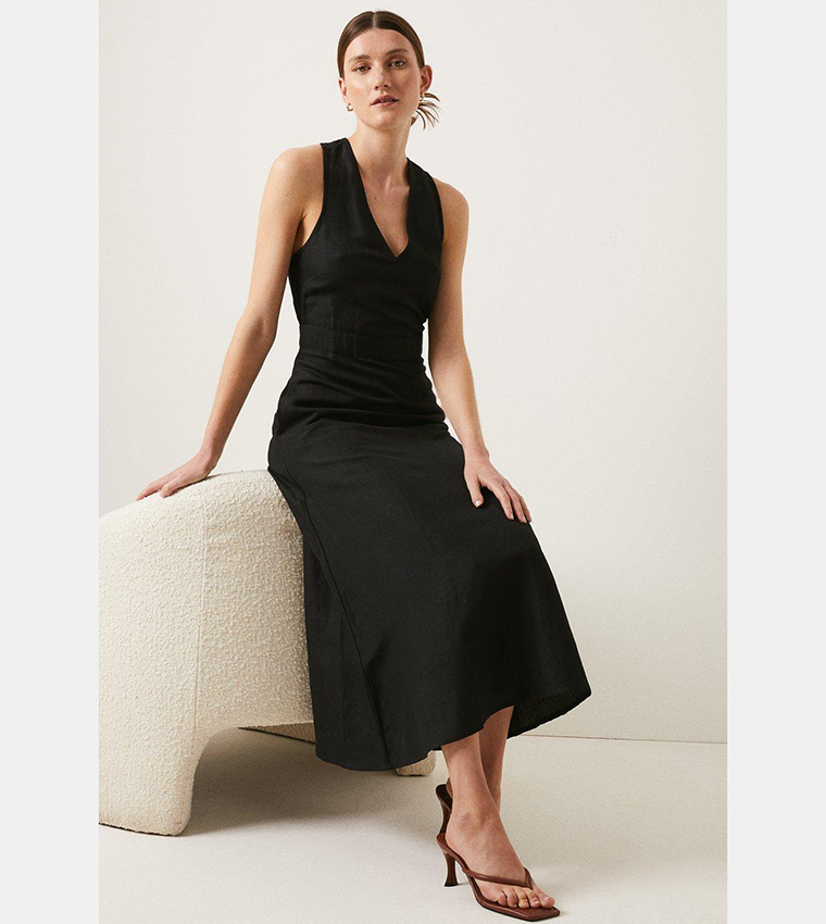 Buy Oasis V Neck Linen Mix Tailored Midi Dress In Black 6thStreet Bahrain