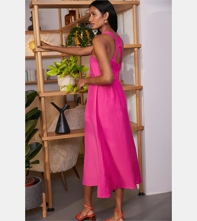 Buy Oasis V Neck Linen Mix Tailored Midi Dress In Pink