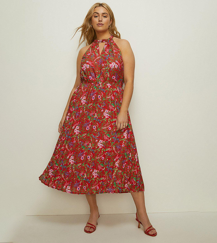 Buy Oasis Botanical Floral Halter Pleated Dress In Red 6thStreet Oman