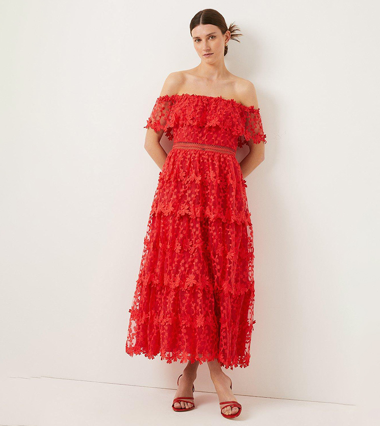 Buy Oasis Lace Tiered Frill Bardot Midi Dress In Red | 6thstreet Bahrain