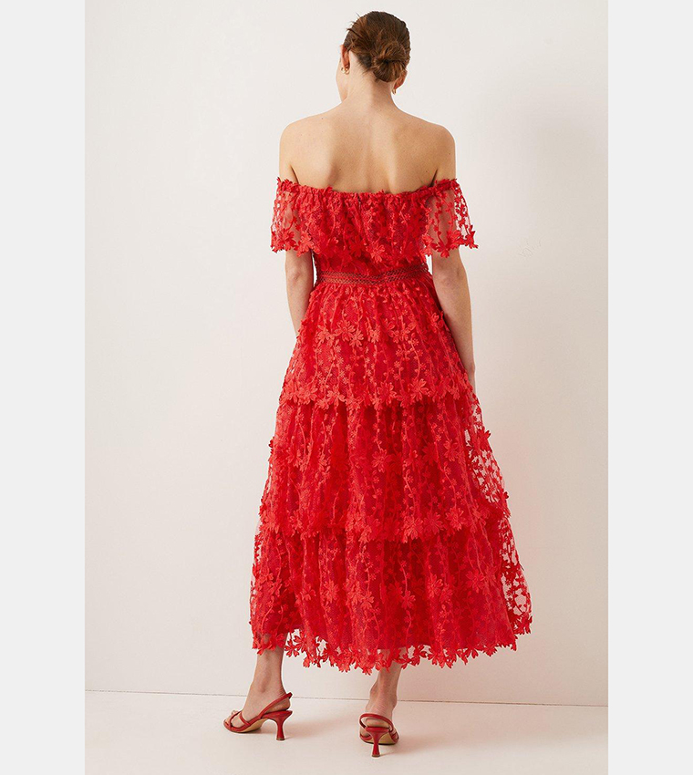 Buy Oasis Lace Tiered Frill Bardot Midi Dress In Red 6thStreet UAE