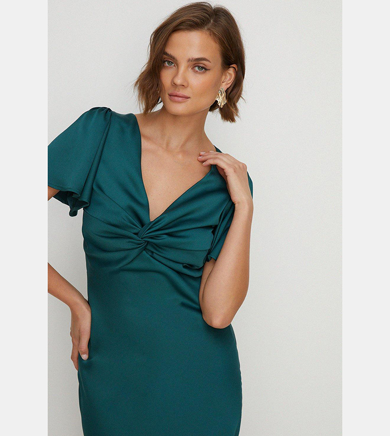 Satin  Retract Your Waist Twist Front Angel Sleeve Midi Bridesmaids Dress main image 1