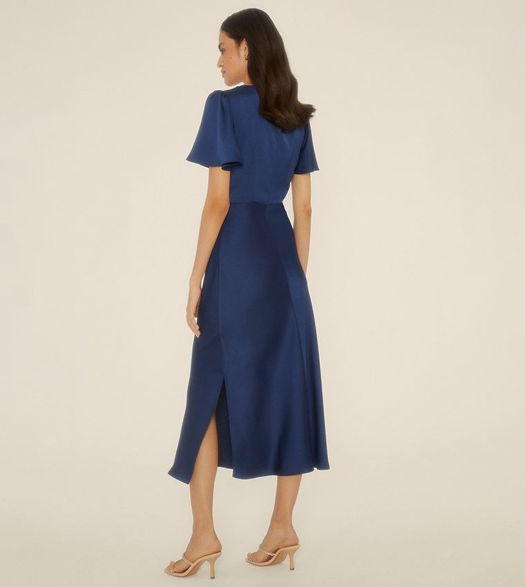 oasis satin twist front angel sleeve midi dress Oasis Satin Twist Front Angel Sleeve Midi Bridesmaids Dress in Green