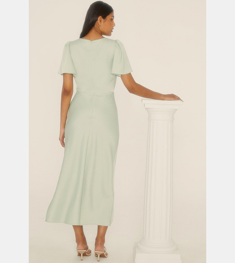 Buy Oasis Satin Twist Front Angel Sleeves Midi Dress In Green