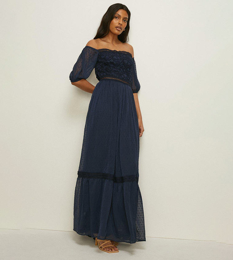 Buy Oasis Lace Trim Dobby Bardot Maxi Dress In Navy 6thStreet Qatar