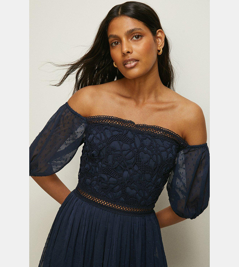 Buy Oasis Lace Trim Dobby Bardot Maxi Dress In Navy 6thStreet Qatar