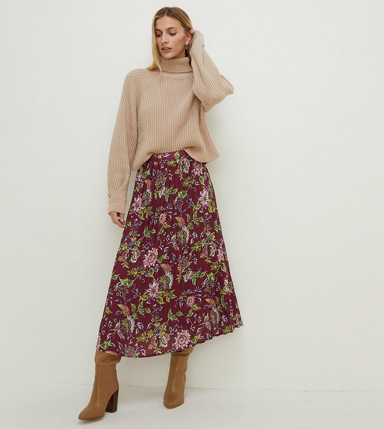 Buy Oasis Berry Floral Printed Pleated Midi Skirt In Red