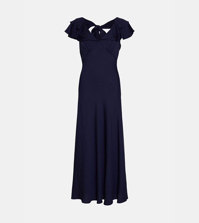 Buy Oasis Frill V Neck Satin Bias Midaxi Dress In Navy