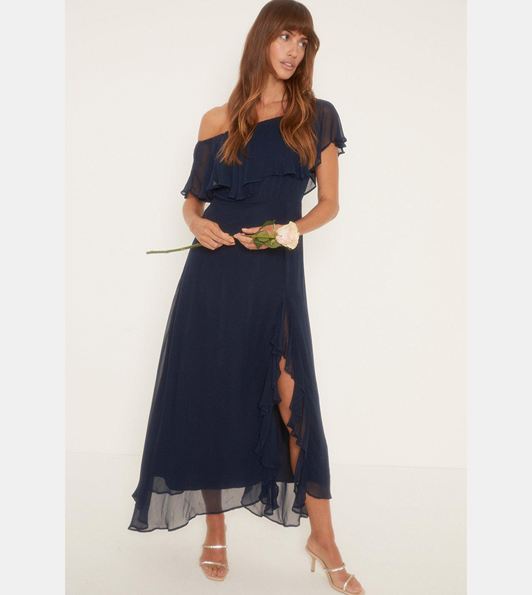 Buy Oasis Asymmetric Strap Ruffle Midi Dress In Navy 6thStreet Oman