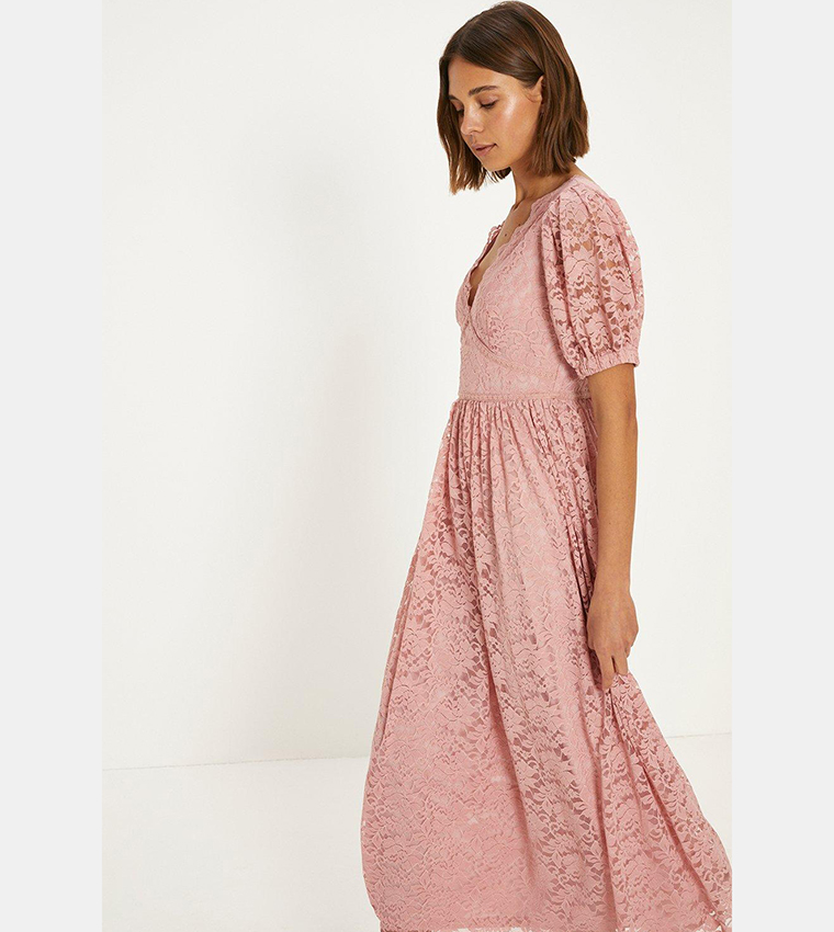 Lace Puff Sleeves V-Neck Midaxi Dress