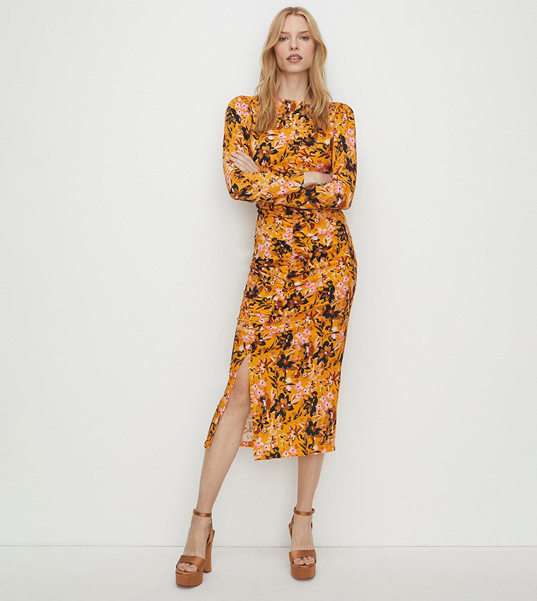 Buy Oasis Floral Crinkle Gathered Front Detail Midi Dress In