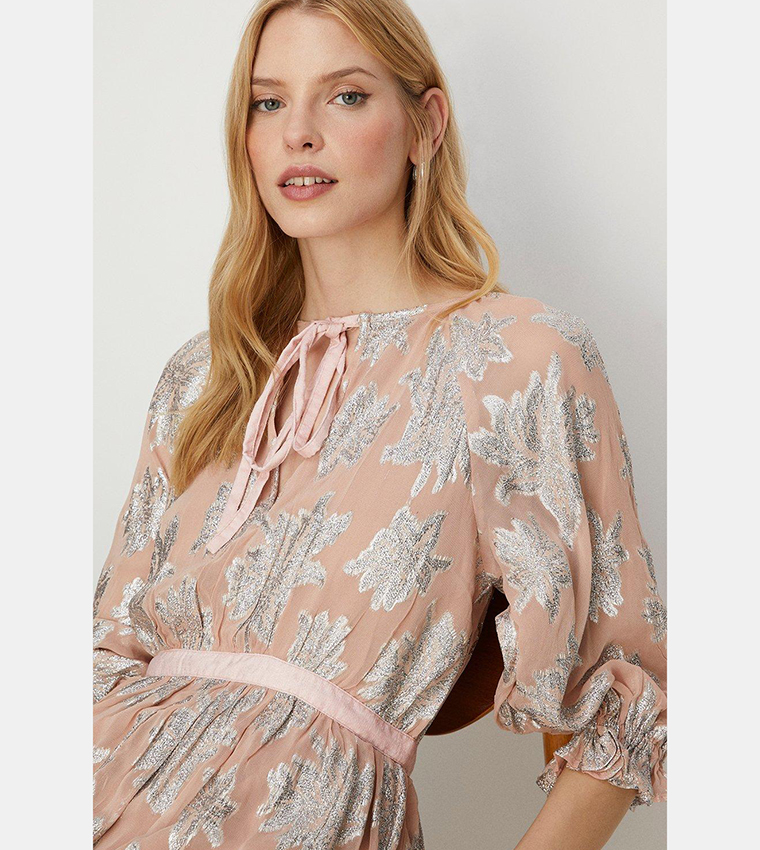 Buy Oasis Tie Front Metallic Tiered Dress In Pink
