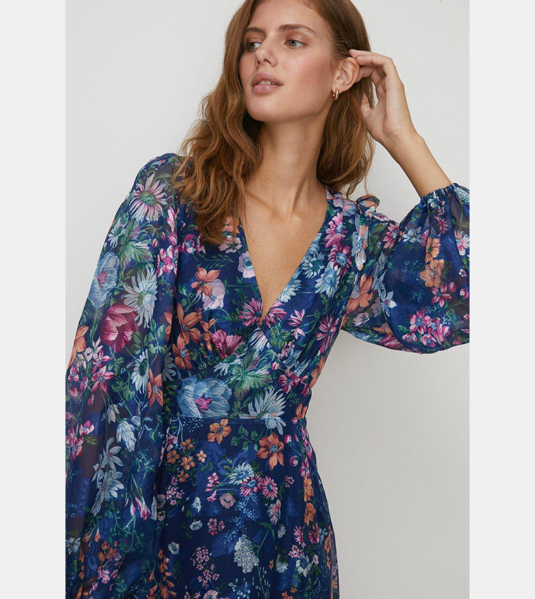 Buy Oasis Trailing Floral Satin Burnout V Neck Midi Dress In Navy ...