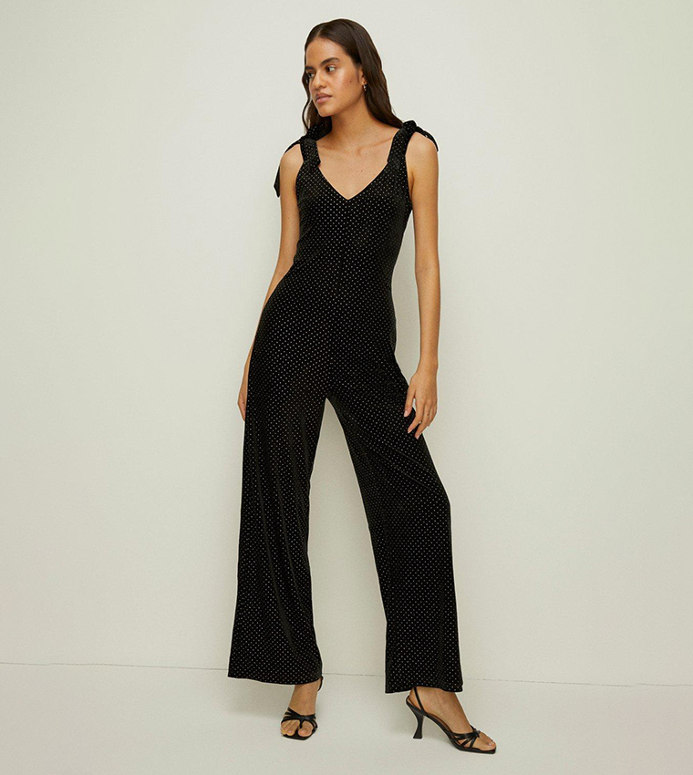 Buy Oasis Velvet Hotfix Tie Shoulder V Neck Jumpsuit In Black 6thStreet Kuwait